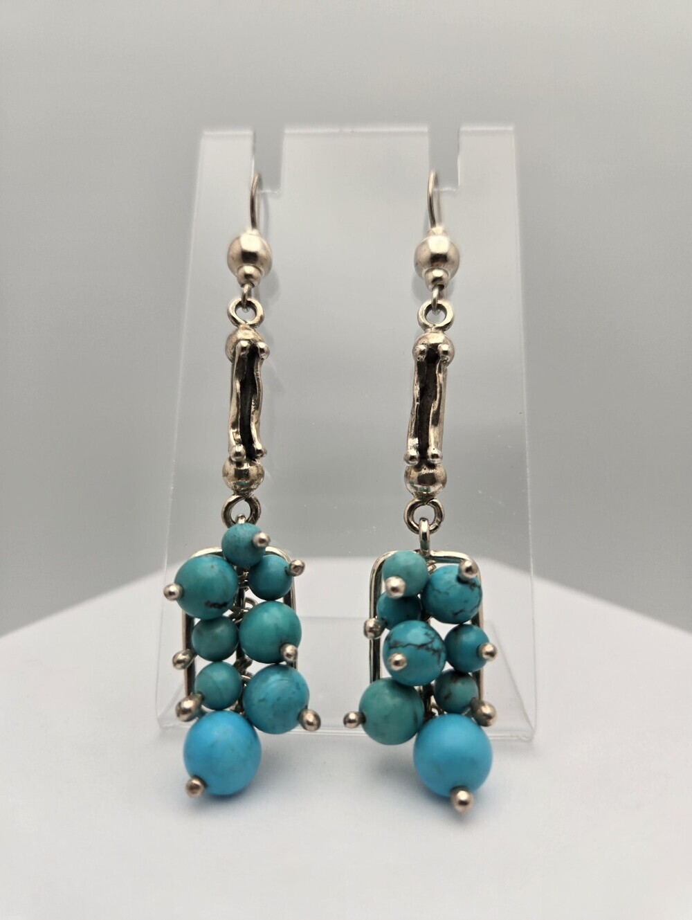 Handmade 925 Sterling Silver Turquoise Beaded Dangle Earrings Boho 3''